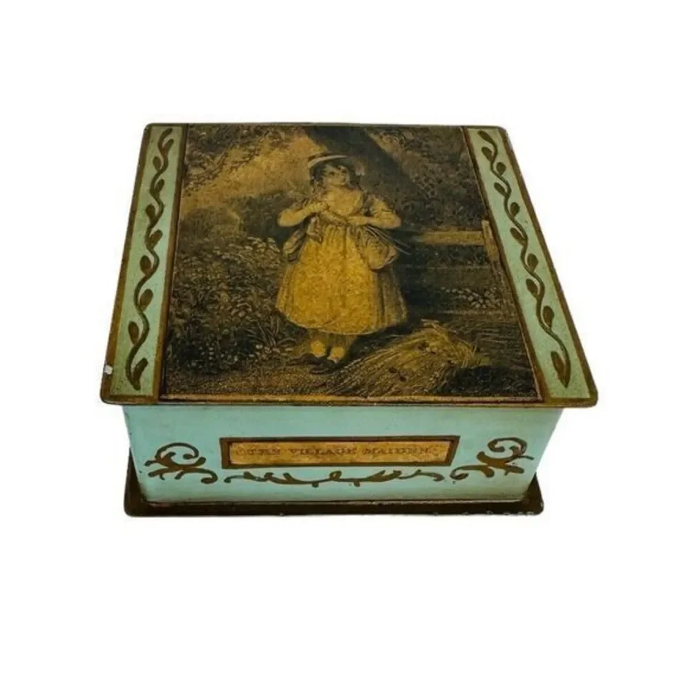 Vintage Hinged Metal Trinket Jewelry Box Blue/Green With Gold Trim  3.75